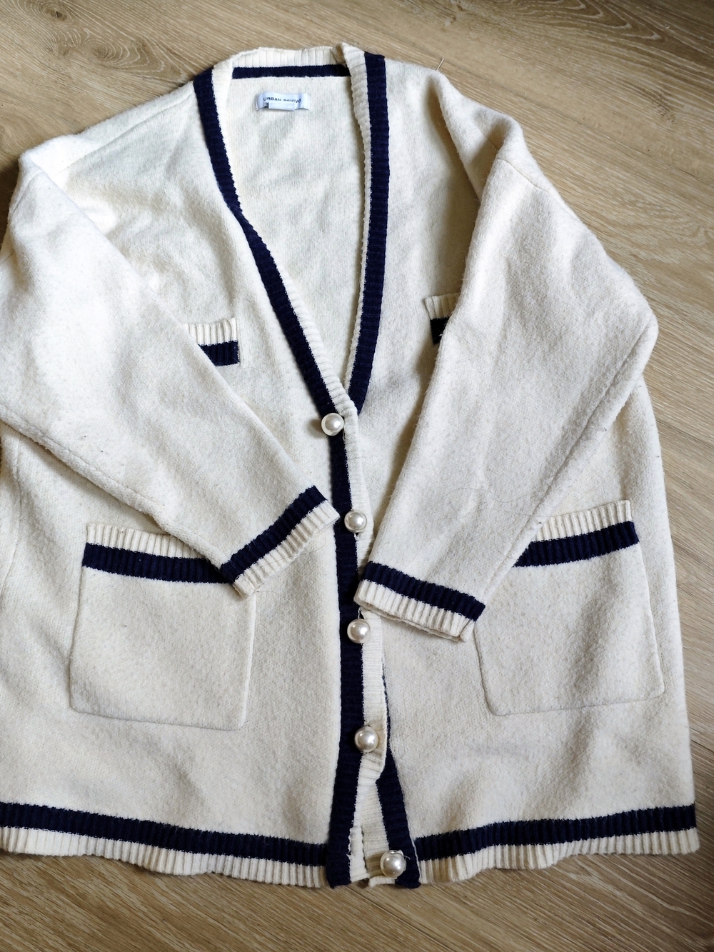 Urban Revivo Cream Cardigan with Navy Trim